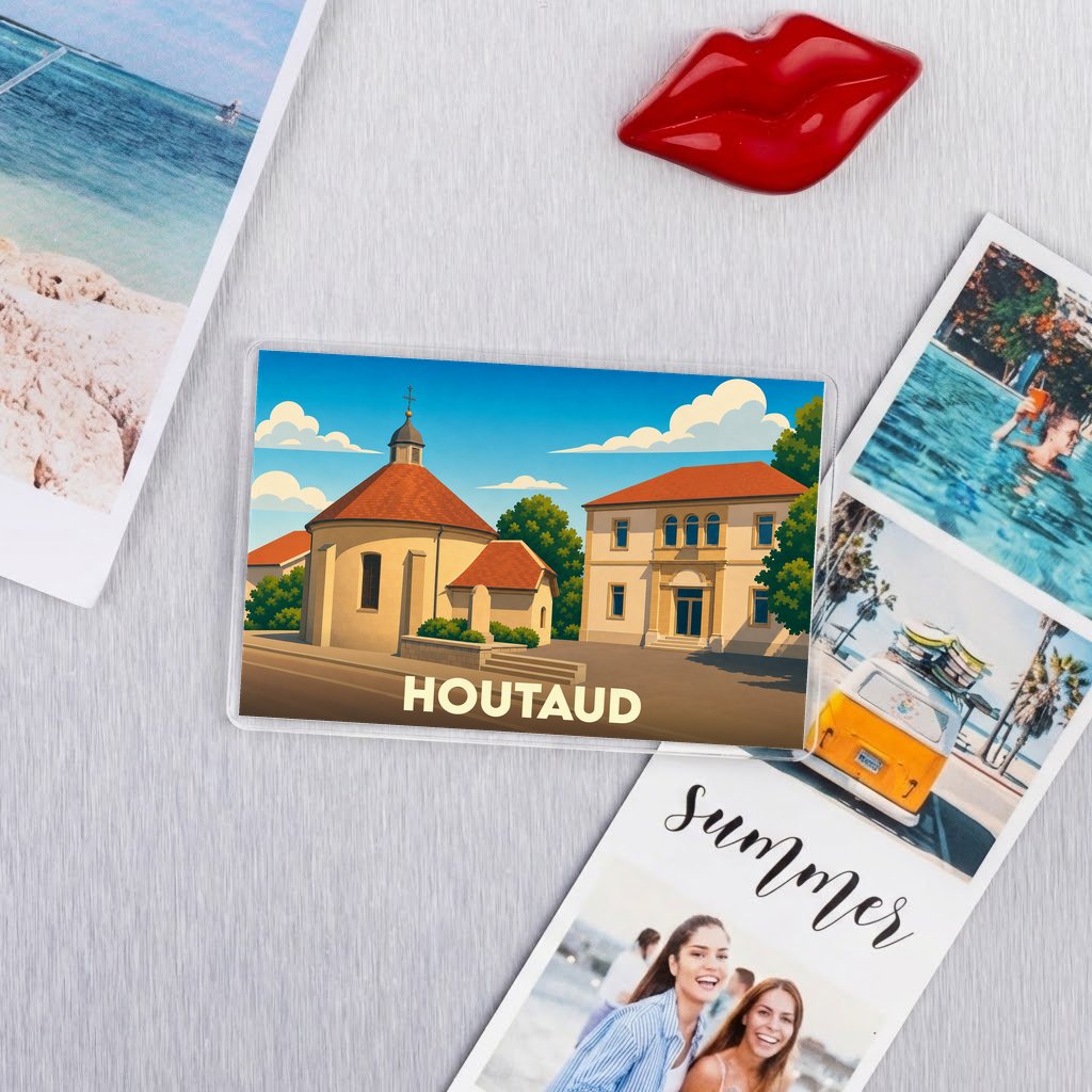 Magnet souvenir de la ville de Houtaud avec une illustration stylisée de son patrimoine.