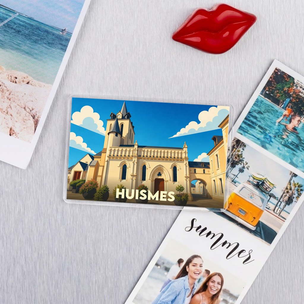 Magnet souvenir de la ville de Huismes avec une illustration stylisée de son église.