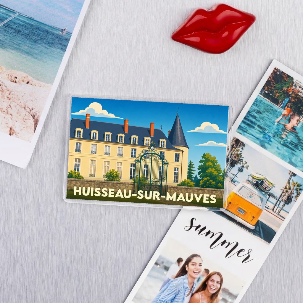 Magnet souvenir de la ville de Huisseau-sur-Mauves avec une illustration stylisée du château local.
