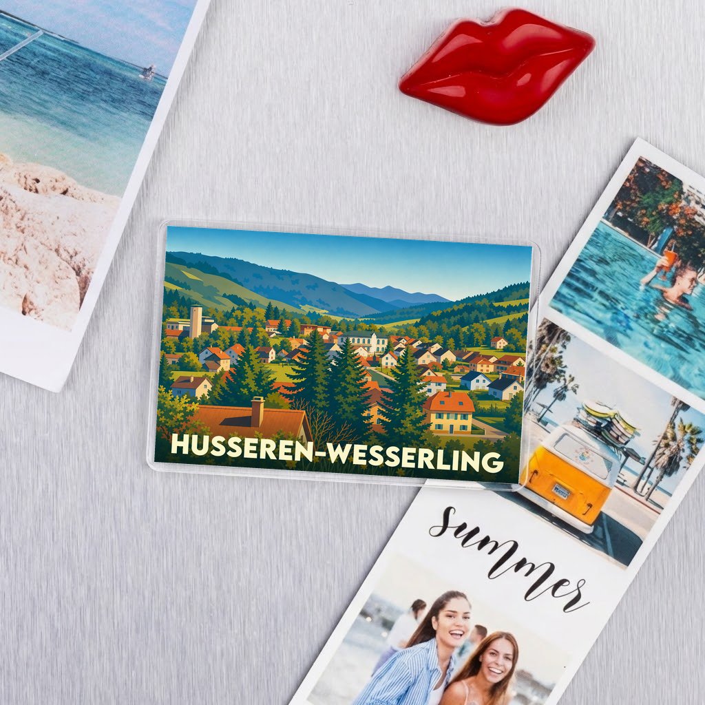 Magnet rectangulaire souvenir de la ville de Husseren-Wesserling avec une illustration stylisée de son paysage.