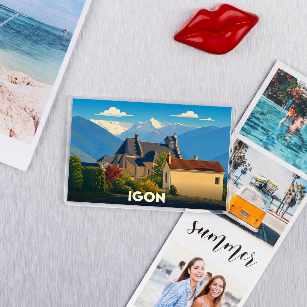 Magnet souvenir de la ville d'Igon avec une illustration stylisée de son église devant les Pyrénées.