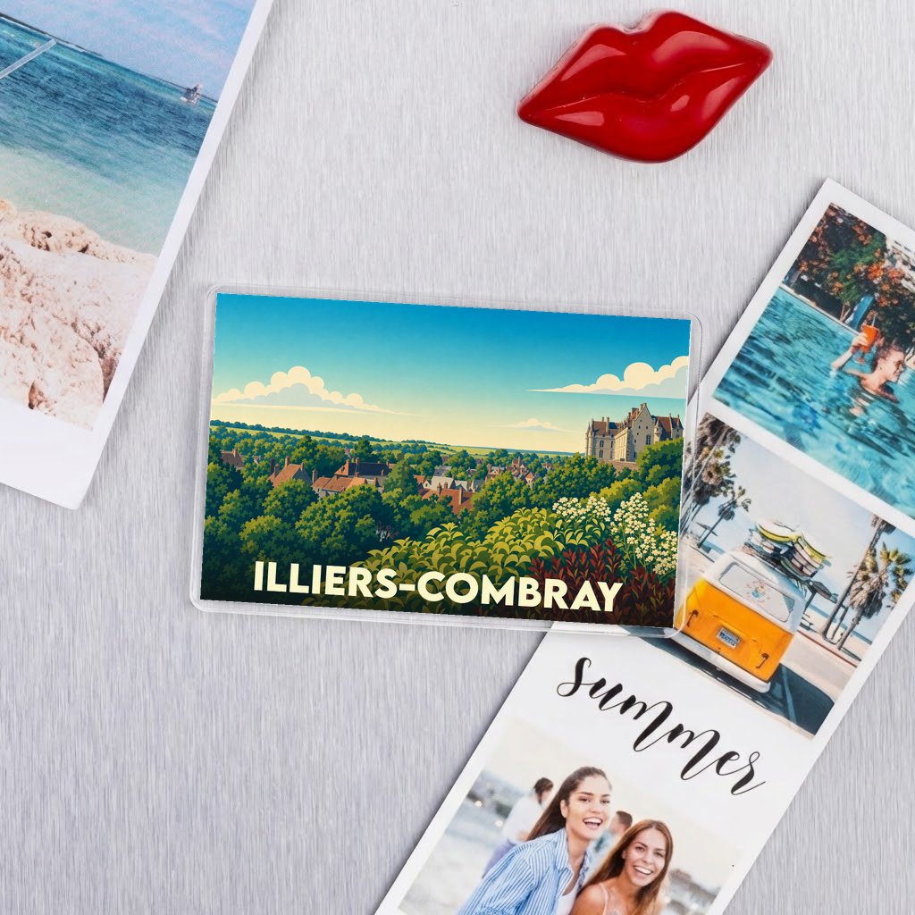 Magnet souvenir de la ville d'Illiers-Combray arborant une illustration panoramique et colorée.