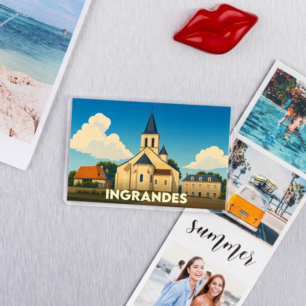 Magnet souvenir de la ville de Ingrandes avec une illustration stylisée de son église.