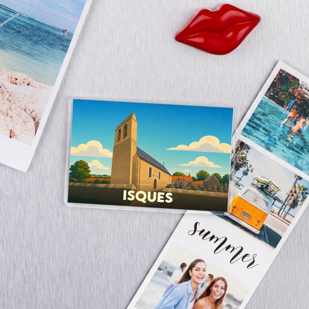 Magnet souvenir de la ville de Isques avec une illustration stylisée de son église.