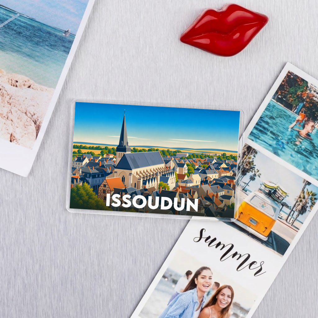 Magnet souvenir de la ville d'Issoudun avec une illustration stylisée.
