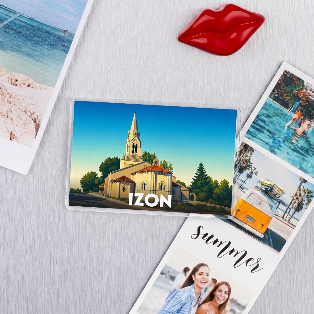 Magnet souvenir de la ville d'Izon avec une illustration stylisée de son église.