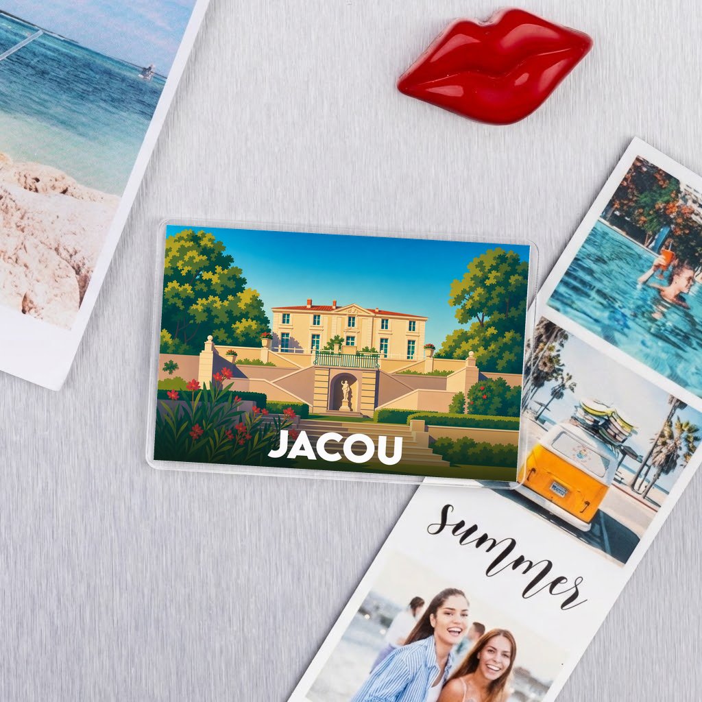Magnet souvenir de la ville de Jacou avec une illustration stylisée de son château.