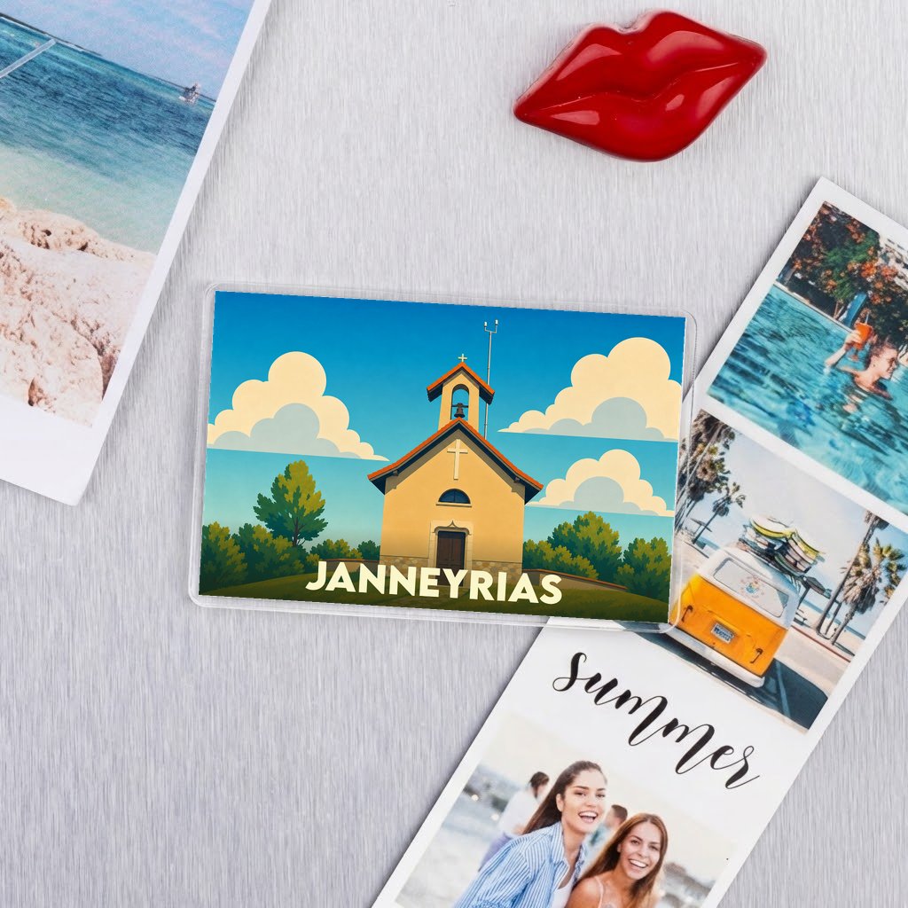 Magnet souvenir de la ville de Janneyrias avec une illustration stylisée d'une église.