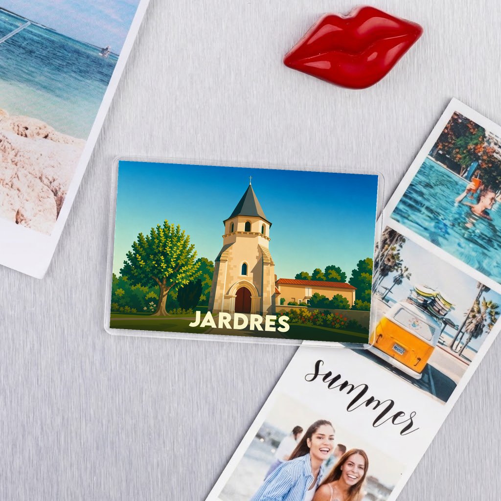 Magnet souvenir de la ville de Jardres avec une illustration stylisée de son église.