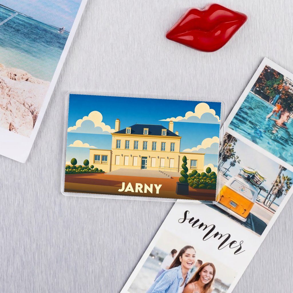 Magnet souvenir de la ville de Jarny avec une illustration stylisée de son hôtel de ville.