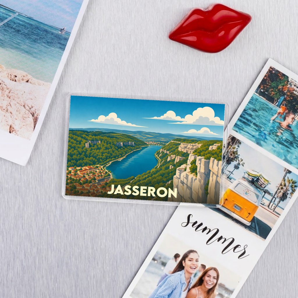 Magnet souvenir de la ville de Jasseron avec une illustration stylisée d'un paysage de gorges et de rivière.