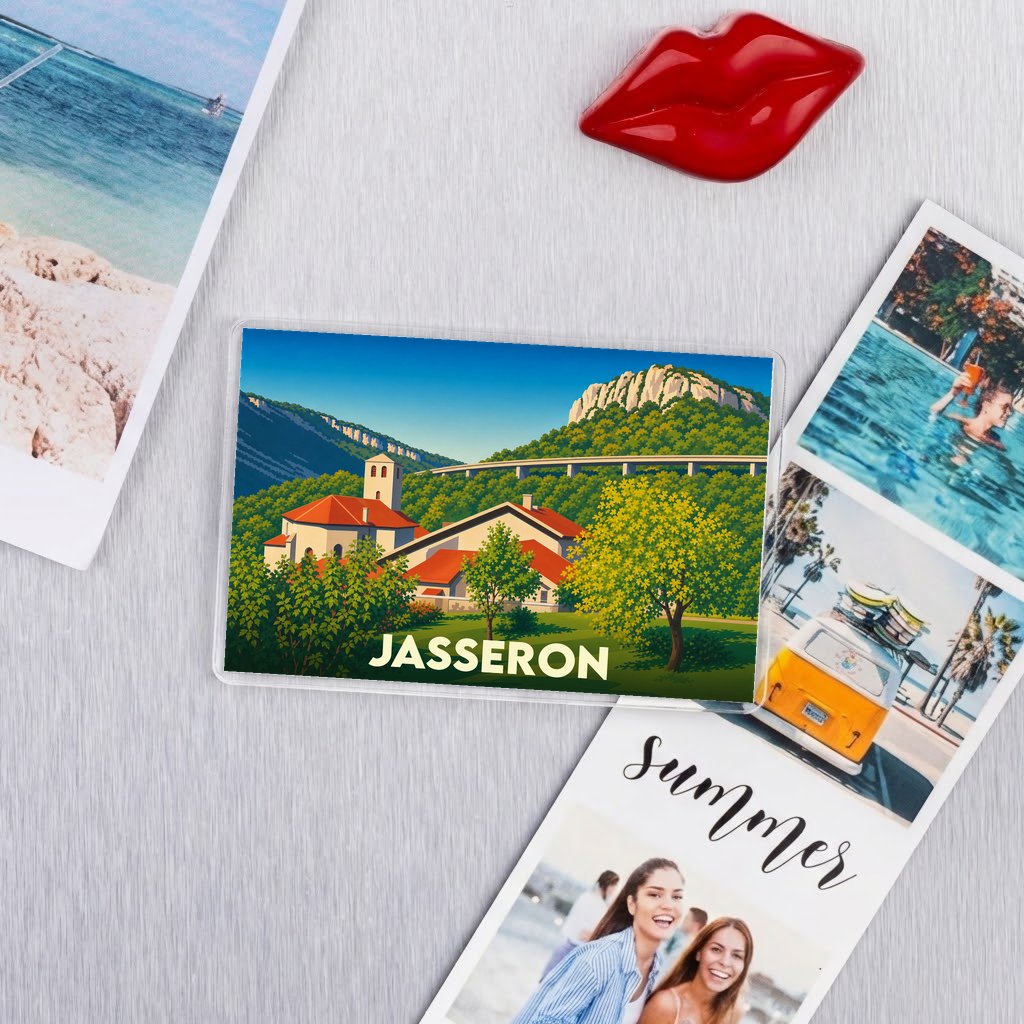 Magnet souvenir de la ville de Jasseron avec une illustration stylisée et colorée.