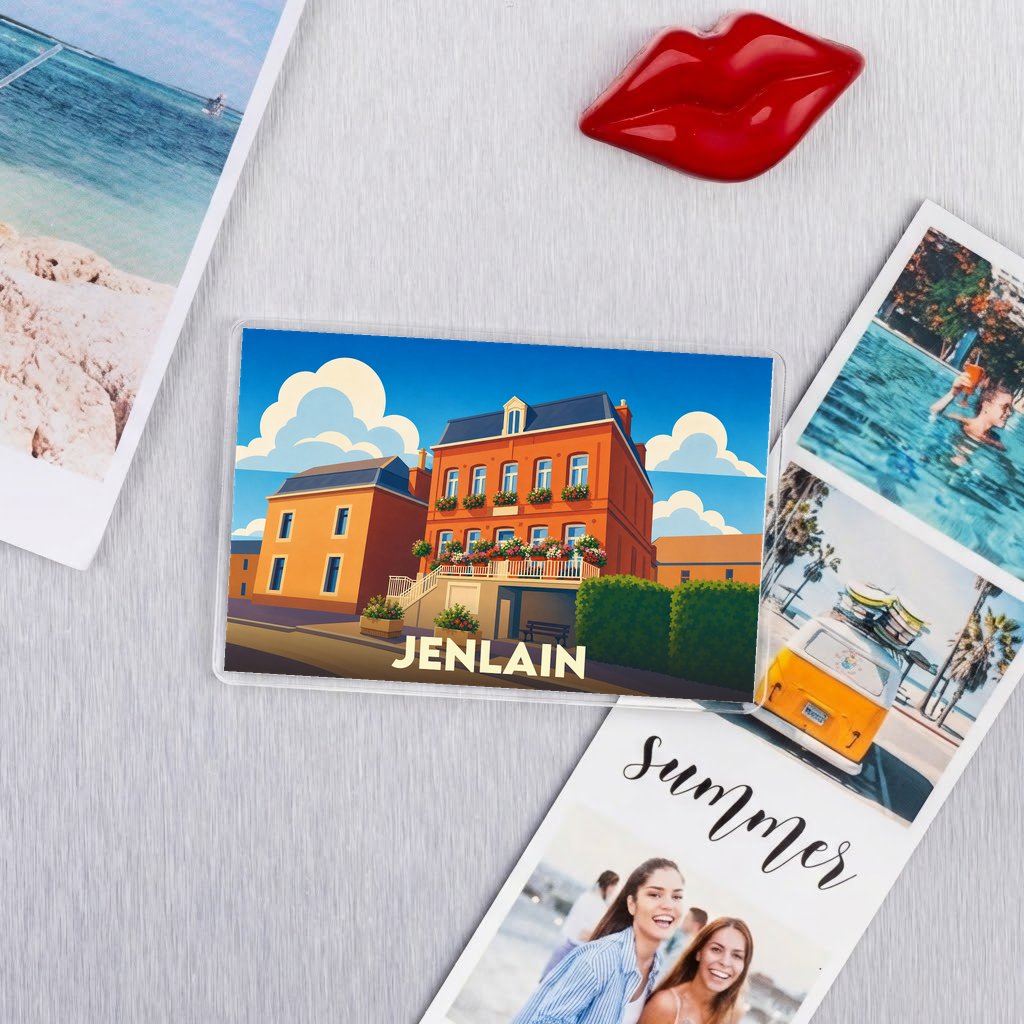 Magnet souvenir de la ville de Jenlain avec une illustration stylisée.