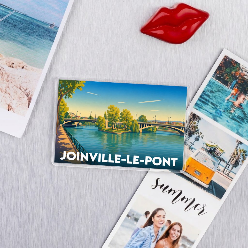 Magnet souvenir de la ville de Joinville-le-Pont avec une illustration stylisée d'un pont enjambant la rivière.