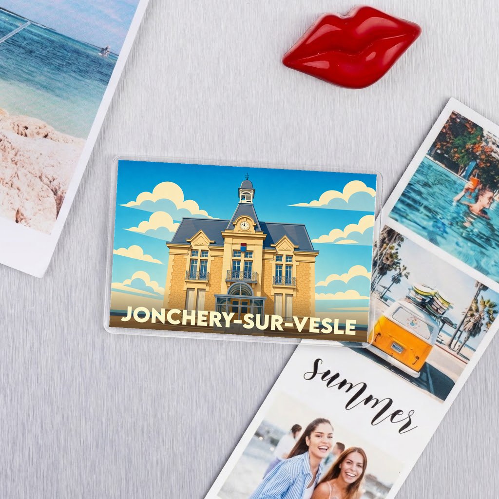 Magnet souvenir de la ville de Jonchery-sur-Vesle avec une illustration stylisée de son hôtel de ville.