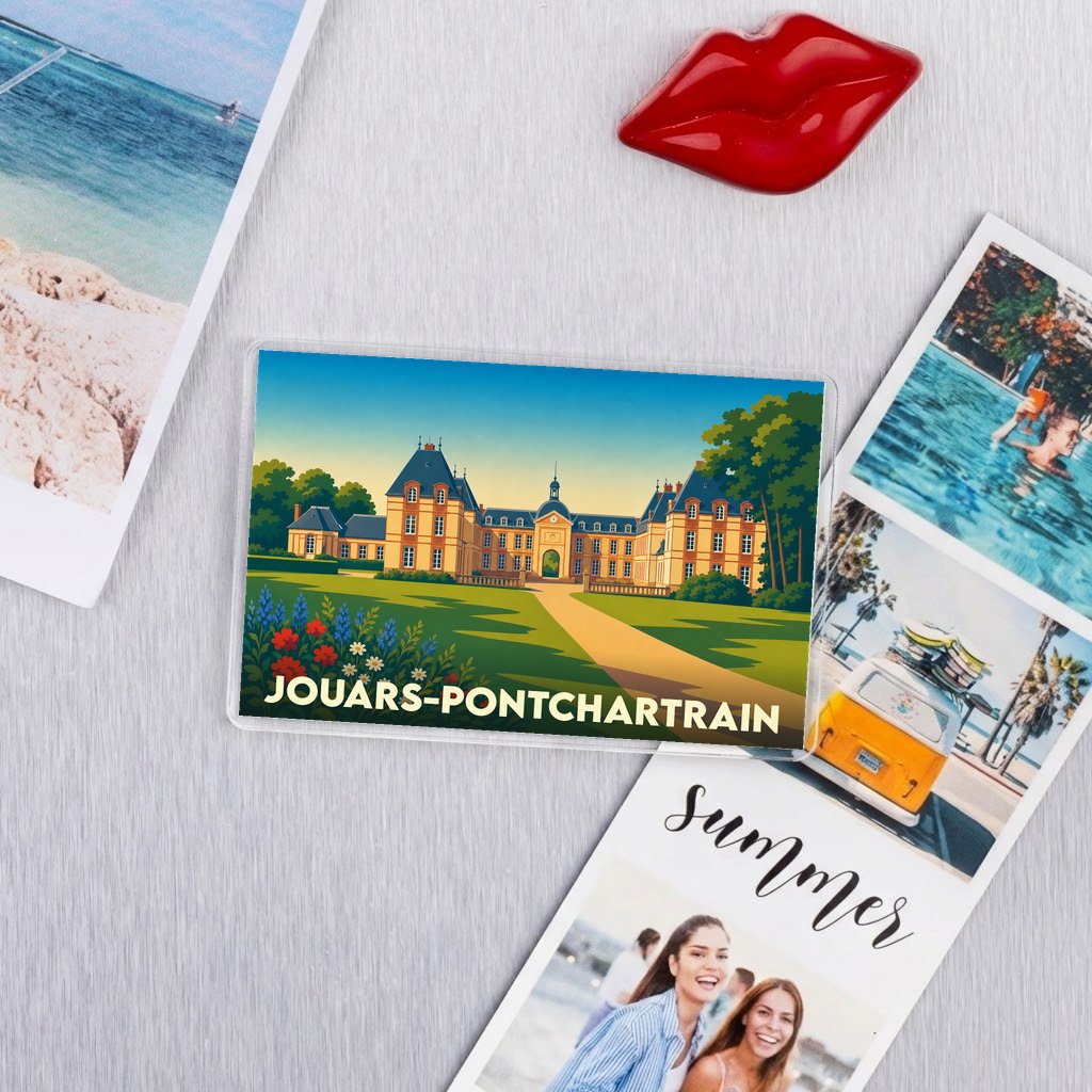 Magnet souvenir de la ville de Jouars-Pontchartrain avec une illustration stylisée de son château.