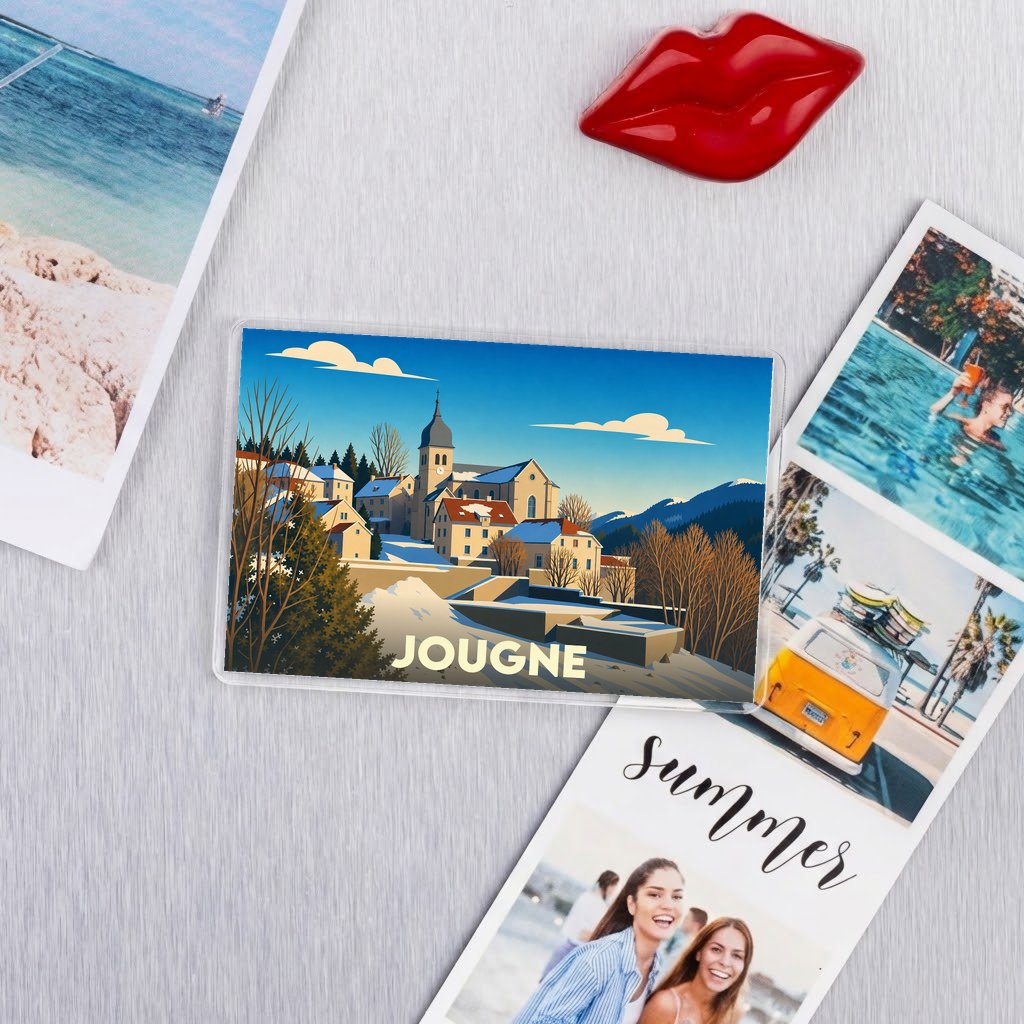 Magnet souvenir de la ville de Jougne avec une illustration stylisée.