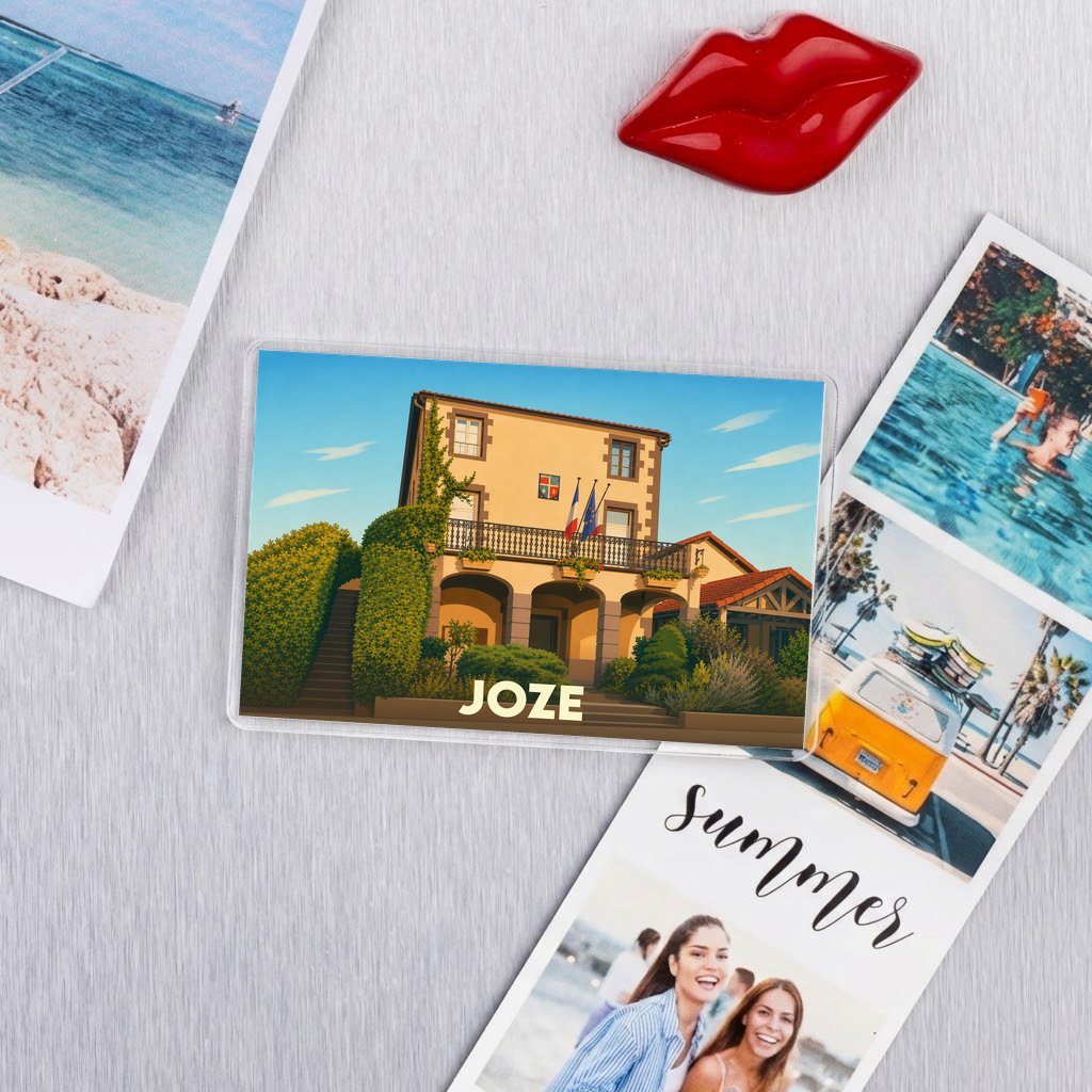 Magnet souvenir de la ville de Joze avec une illustration stylisée de la mairie.