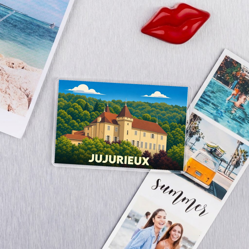 Magnet souvenir de la ville de Jujurieux avec une illustration stylisée de son château.
