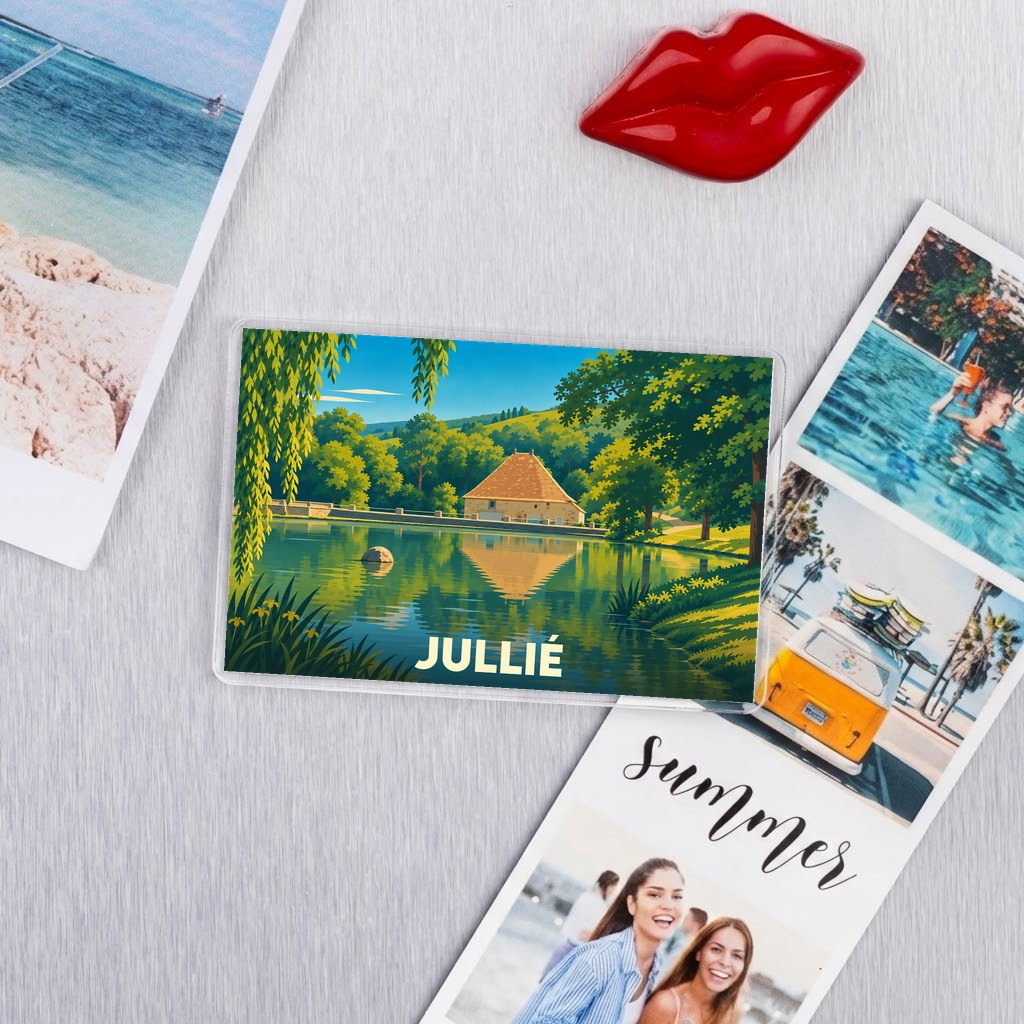 Magnet souvenir de la ville de Jullié avec une illustration stylisée de son paysage.