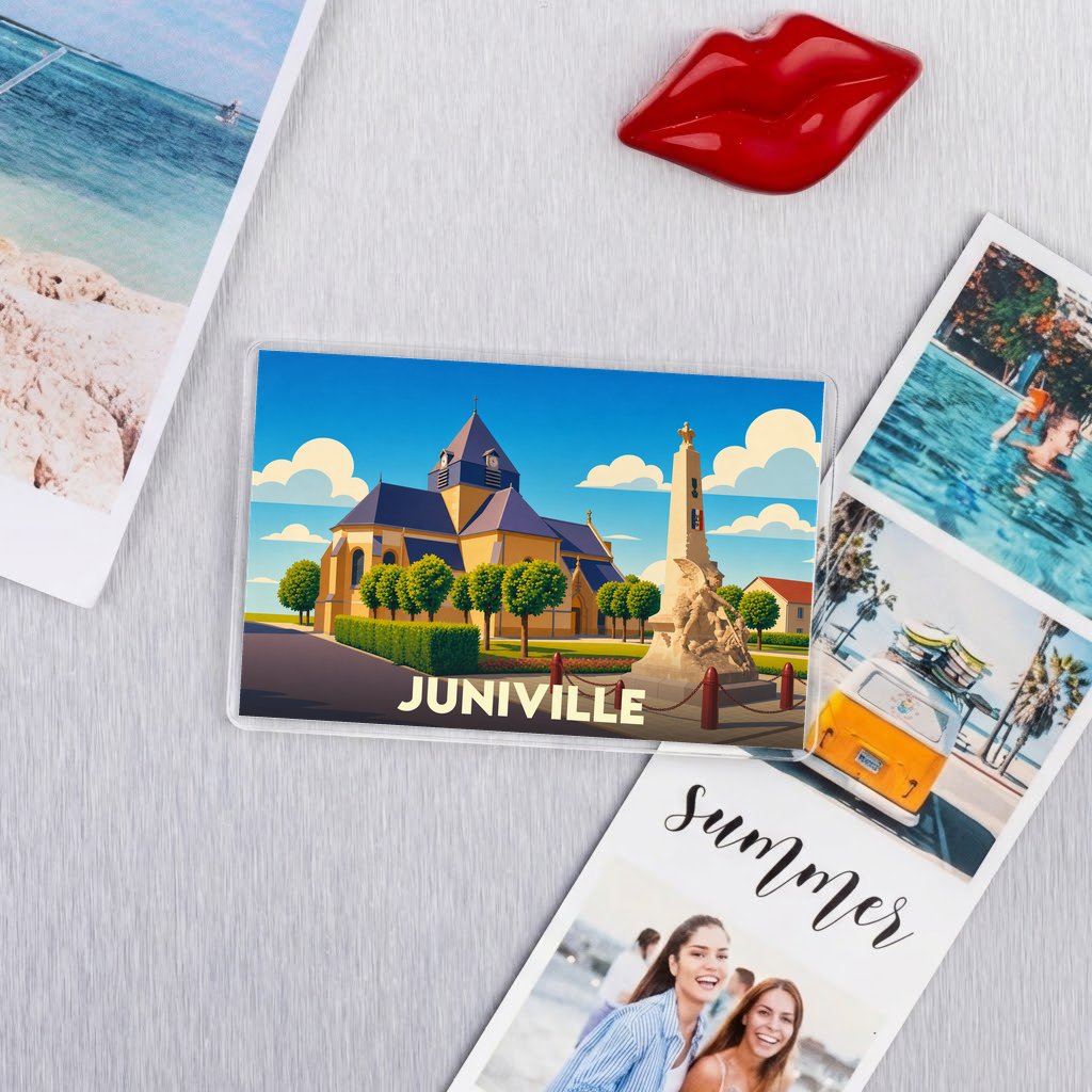Magnet souvenir de la ville de Juniville avec une illustration colorée et stylisée.