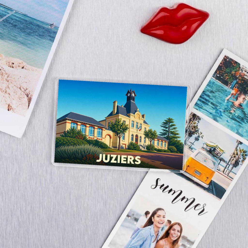 Magnet souvenir de la ville de Juziers avec une illustration stylisée de sa mairie.