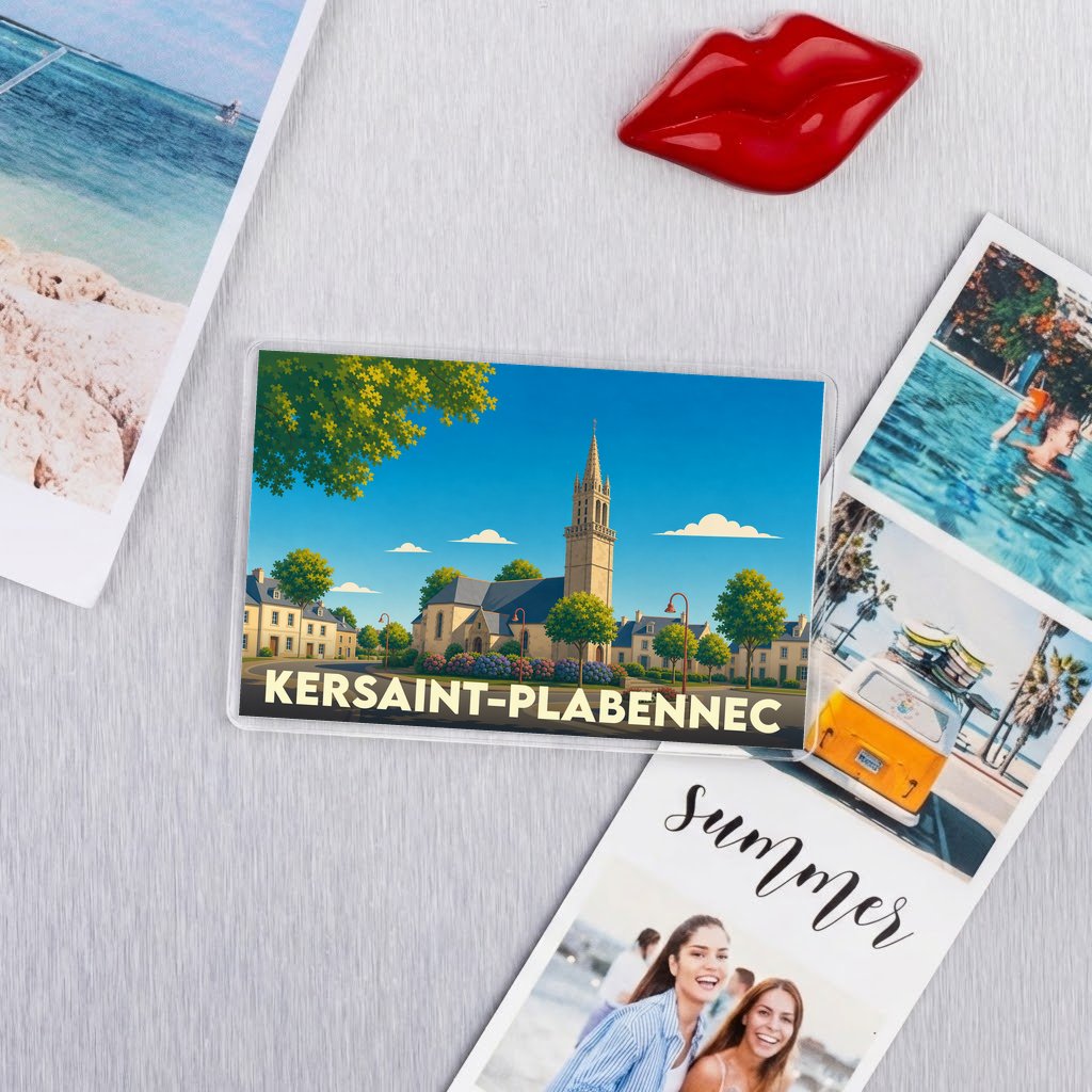 Magnet souvenir de la ville de Kersaint-Plabennec avec une illustration stylisée de son église.
