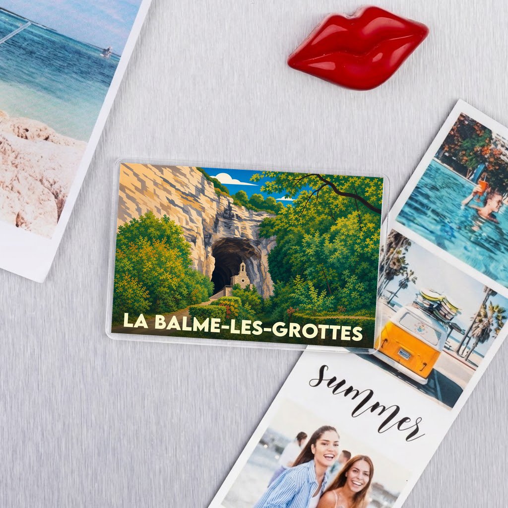 Magnet souvenir de La Balme-les-Grottes représentant l'entrée des grottes et sa chapelle dans un style illustré.