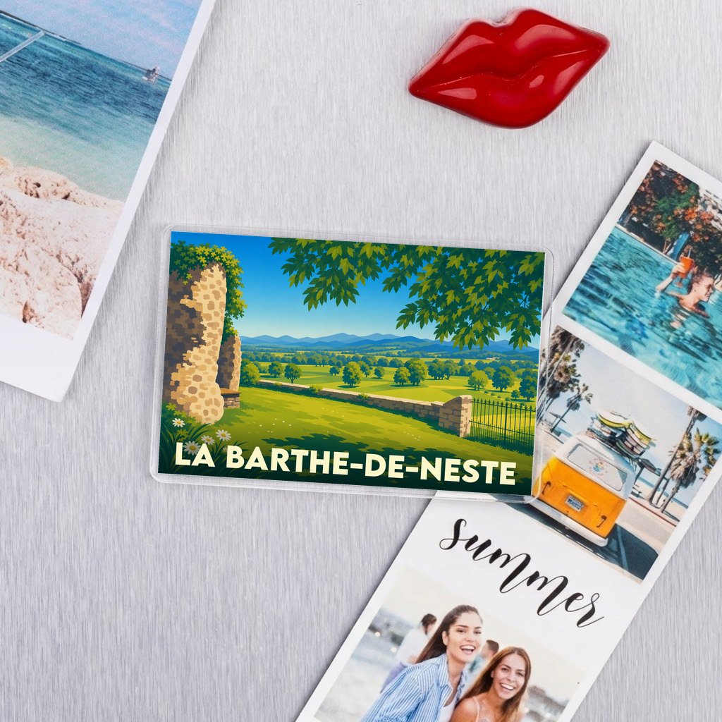 Magnet souvenir de la ville de La Barthe-de-Neste avec une illustration stylisée d'un paysage verdoyant.