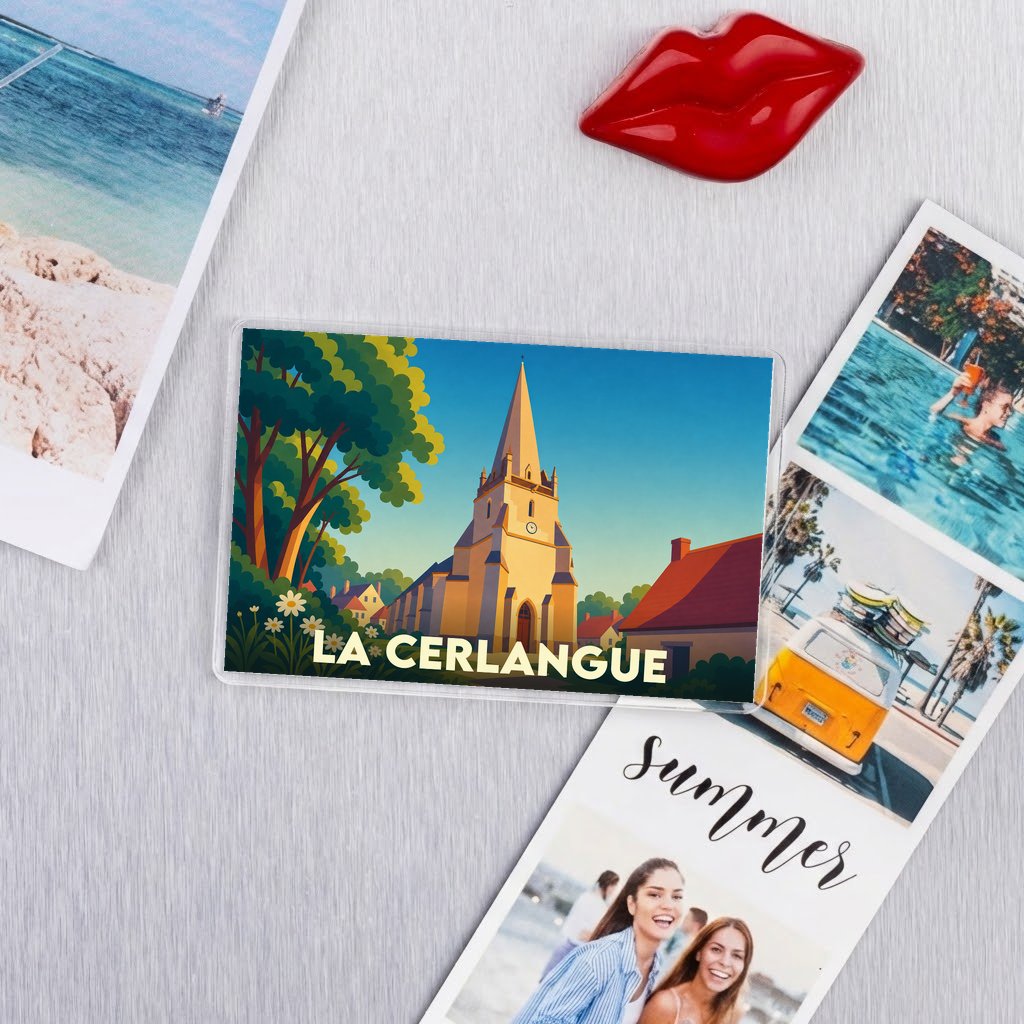 Magnet souvenir de la ville de La Cerlangue avec une illustration stylisée de son église.
