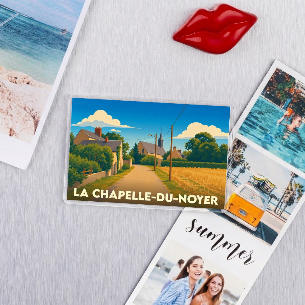Magnet souvenir de la ville de La Chapelle-du-Noyer avec une illustration stylisée de paysage champêtre.