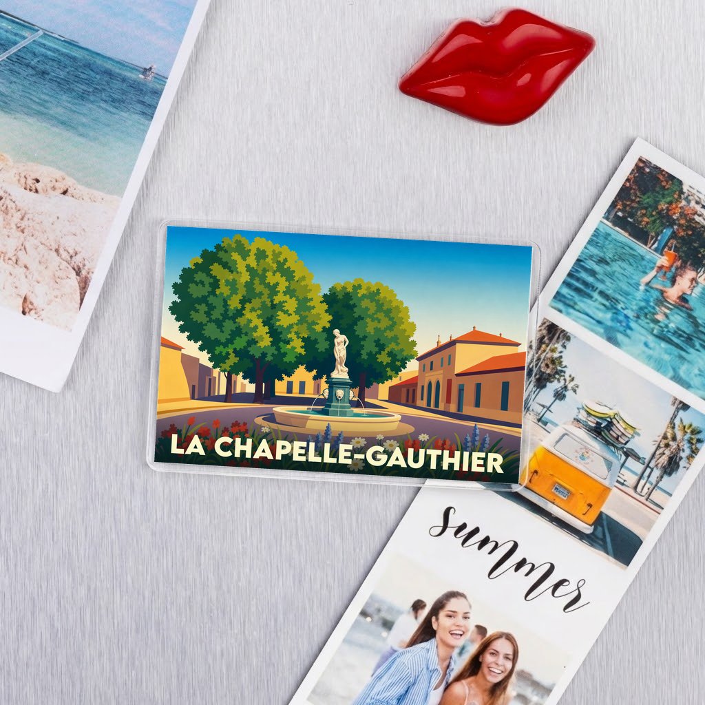 Magnet souvenir de la ville de La Chapelle-Gauthier avec une illustration stylisée de sa place.