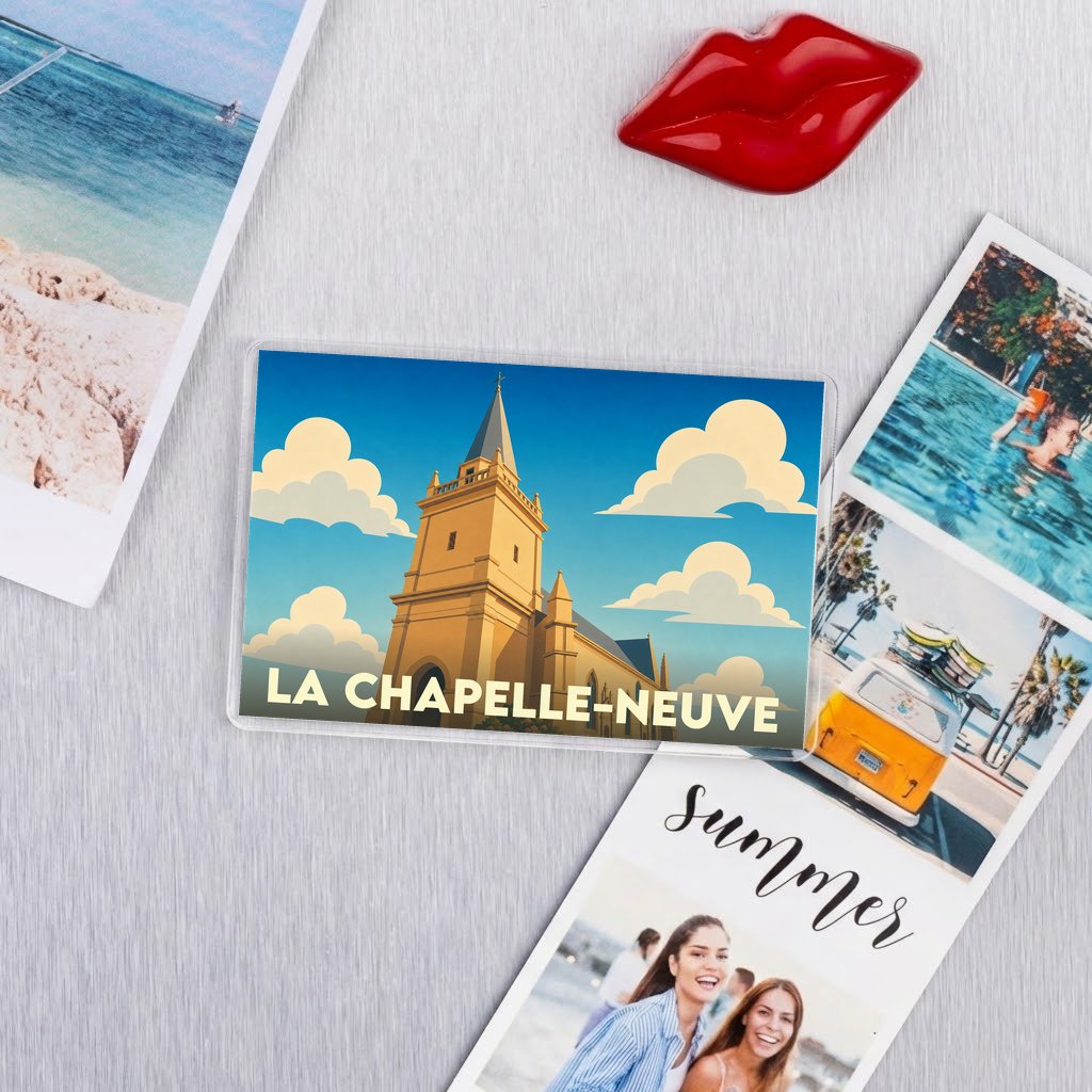 Magnet souvenir de la ville de La Chapelle-Neuve avec une illustration stylisée d'une église.