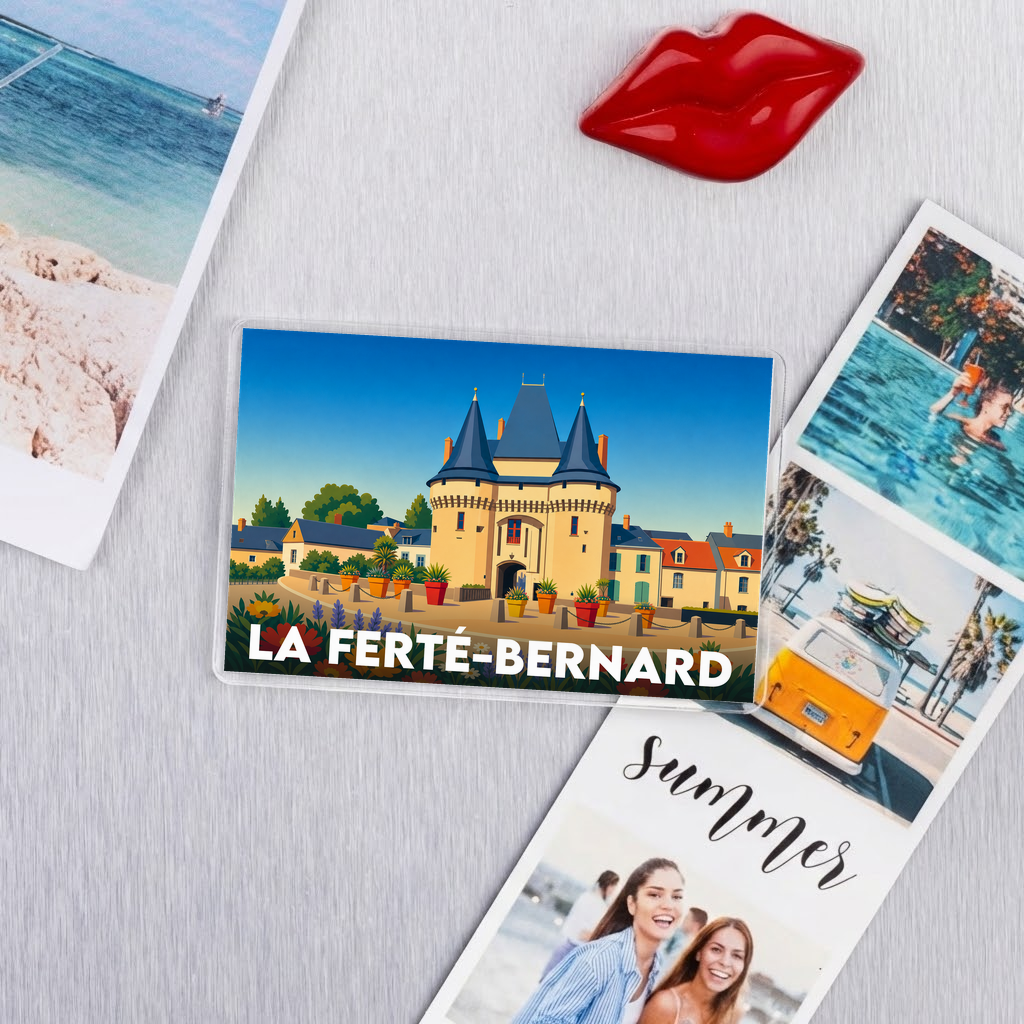 Magnet souvenir de la ville de La Ferté-Bernard avec une illustration stylisée de sa porte historique.