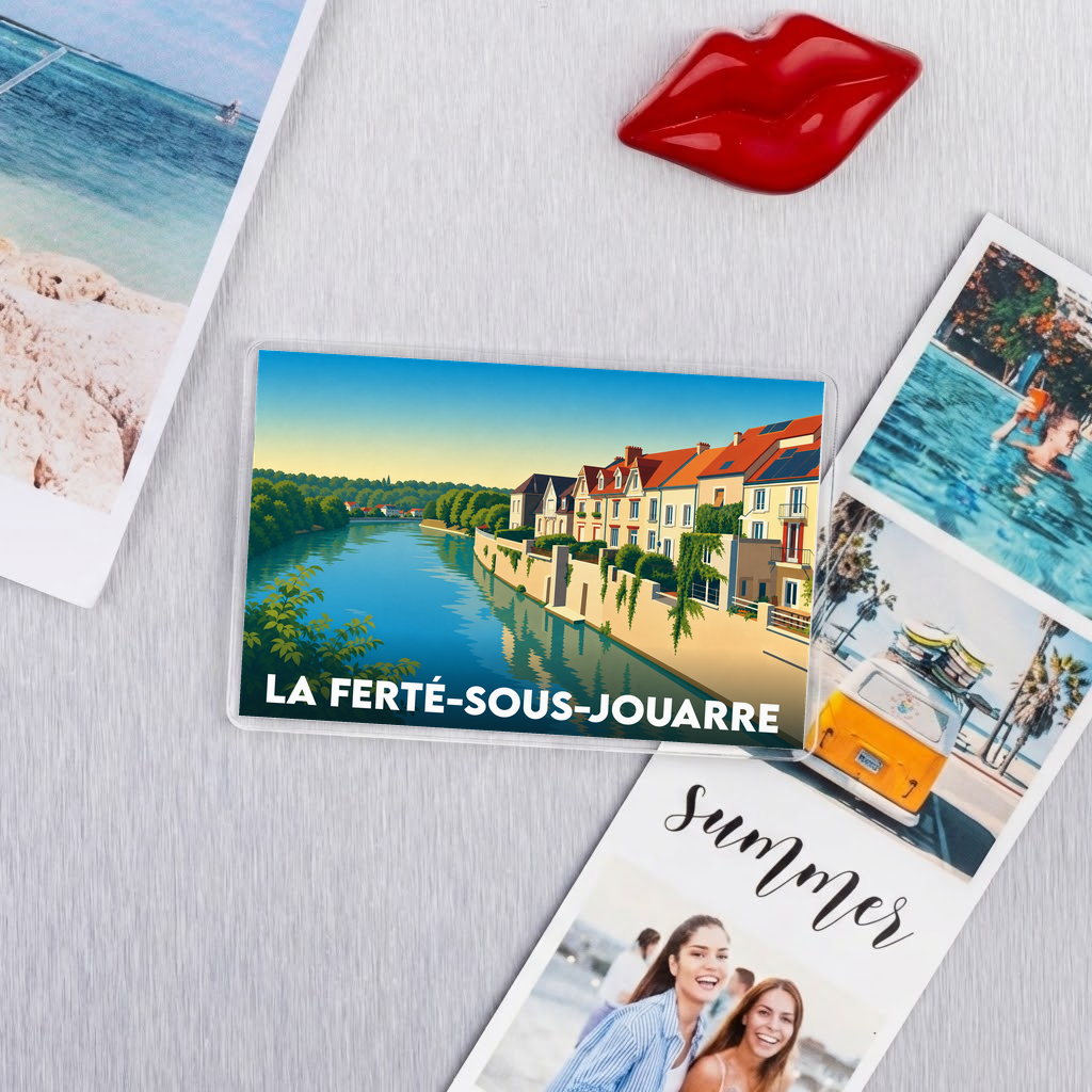 Magnet souvenir de la ville de La Ferté-sous-Jouarre avec une illustration stylisée des bords de Marne.