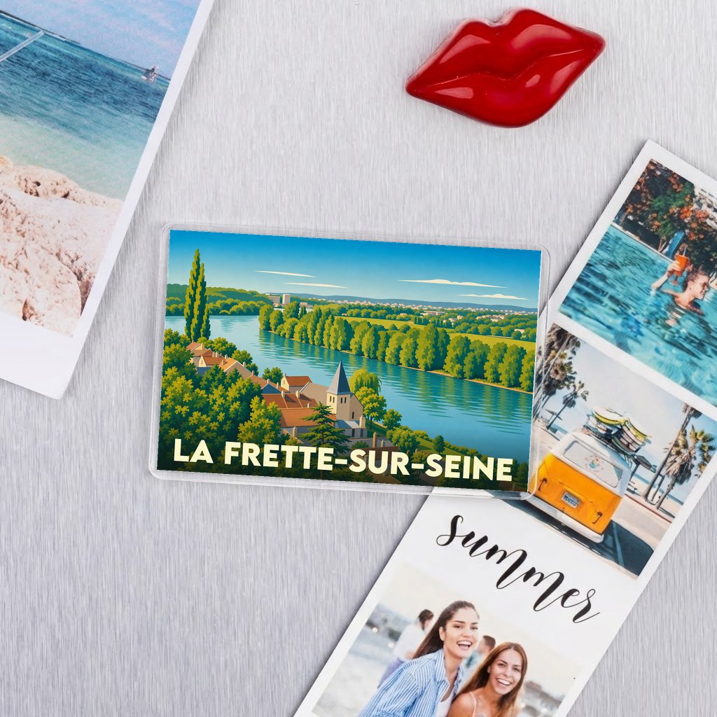 Magnet souvenir de la ville de La Frette-sur-Seine avec une illustration stylisée des bords de Seine.