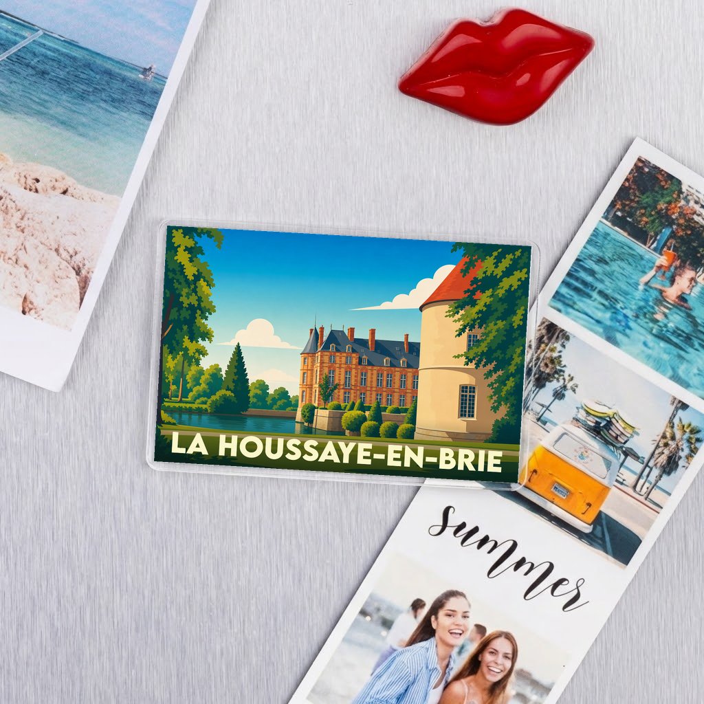 Magnet souvenir de la ville de La Houssaye-en-Brie illustrant son château dans un style rétro.