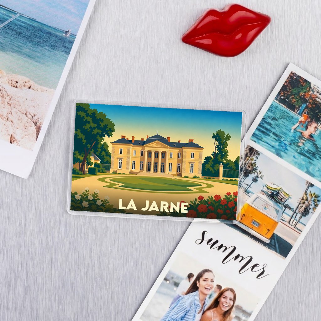 Magnet souvenir de la ville de La Jarne avec une illustration stylisée d'un château.