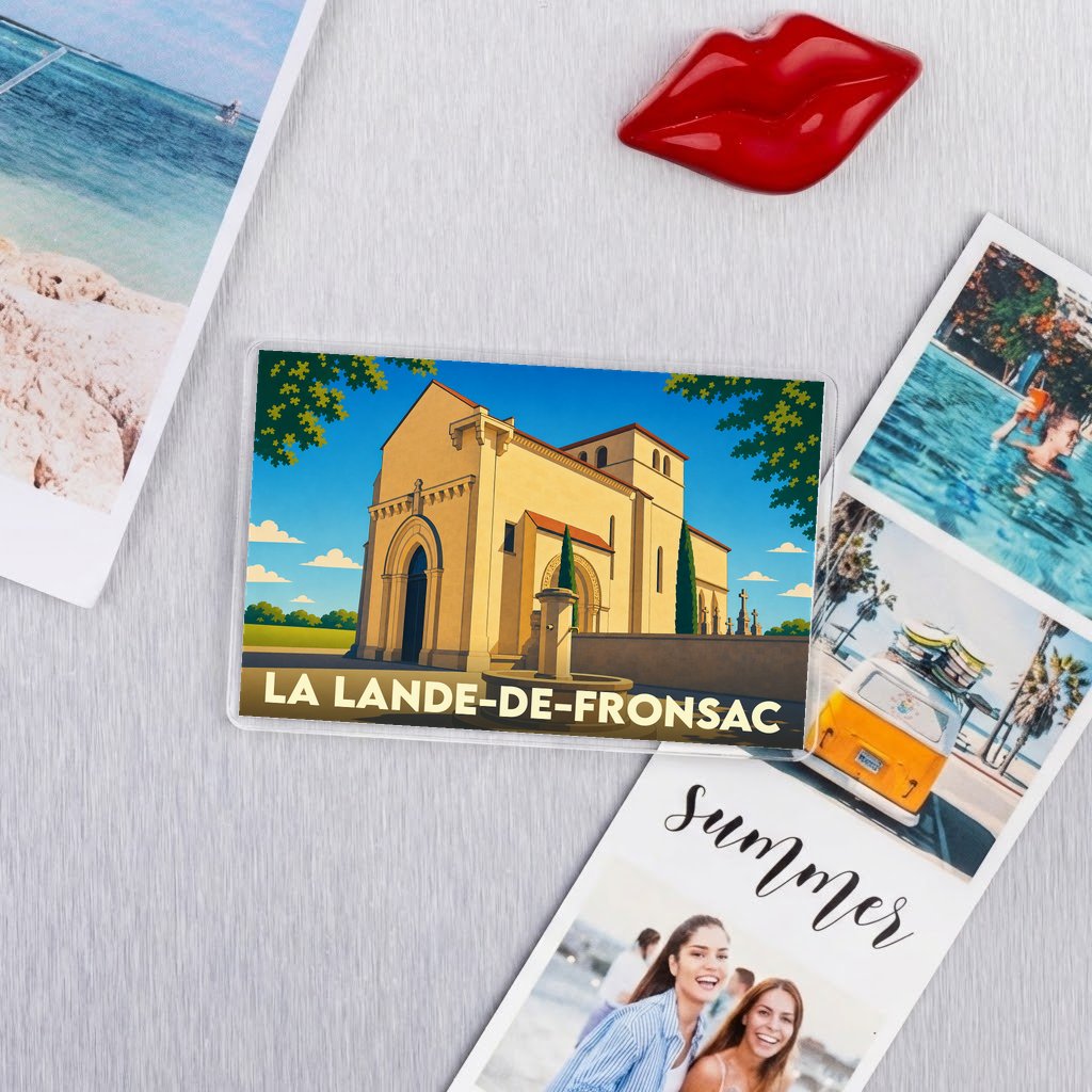 Magnet souvenir de la ville de La Lande-de-Fronsac illustrant son église romane dans un style rétro.