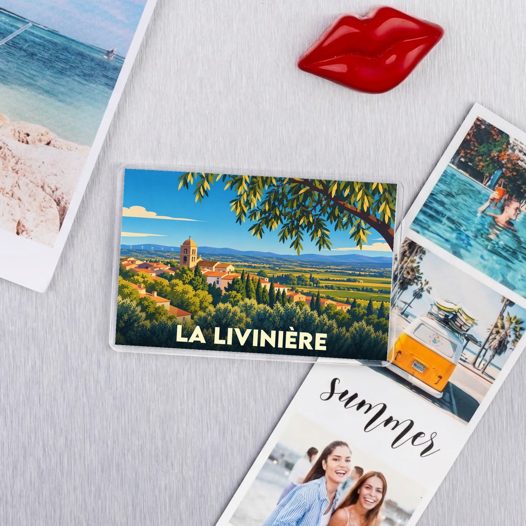 Magnet souvenir de la ville de La Livinière avec une illustration stylisée.