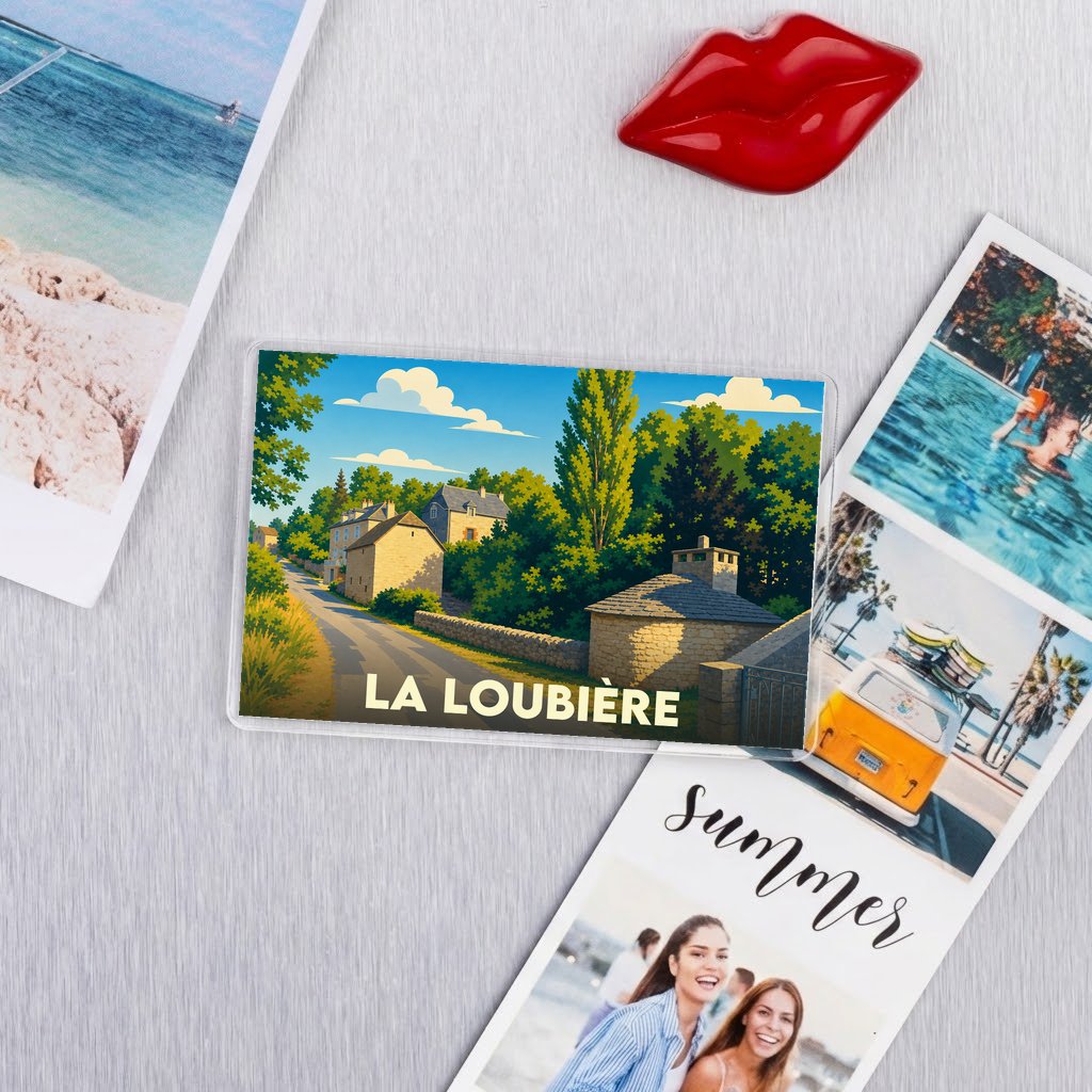Magnet souvenir de la ville de La Loubière avec une illustration de paysage champêtre.