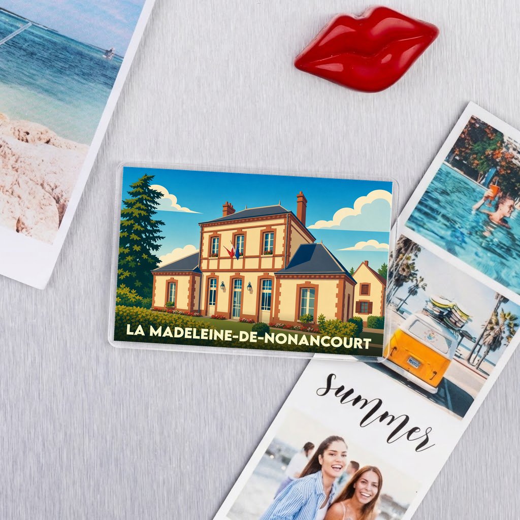 Magnet souvenir de la ville de La Madeleine-de-Nonancourt avec une illustration stylisée de la mairie.