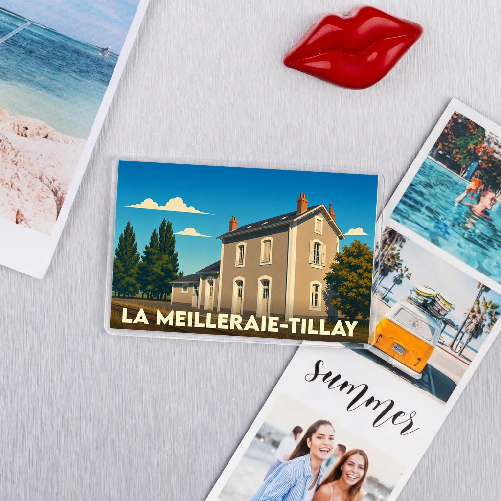 Magnet souvenir de la ville de La Meilleraie-Tillay avec une illustration stylisée.