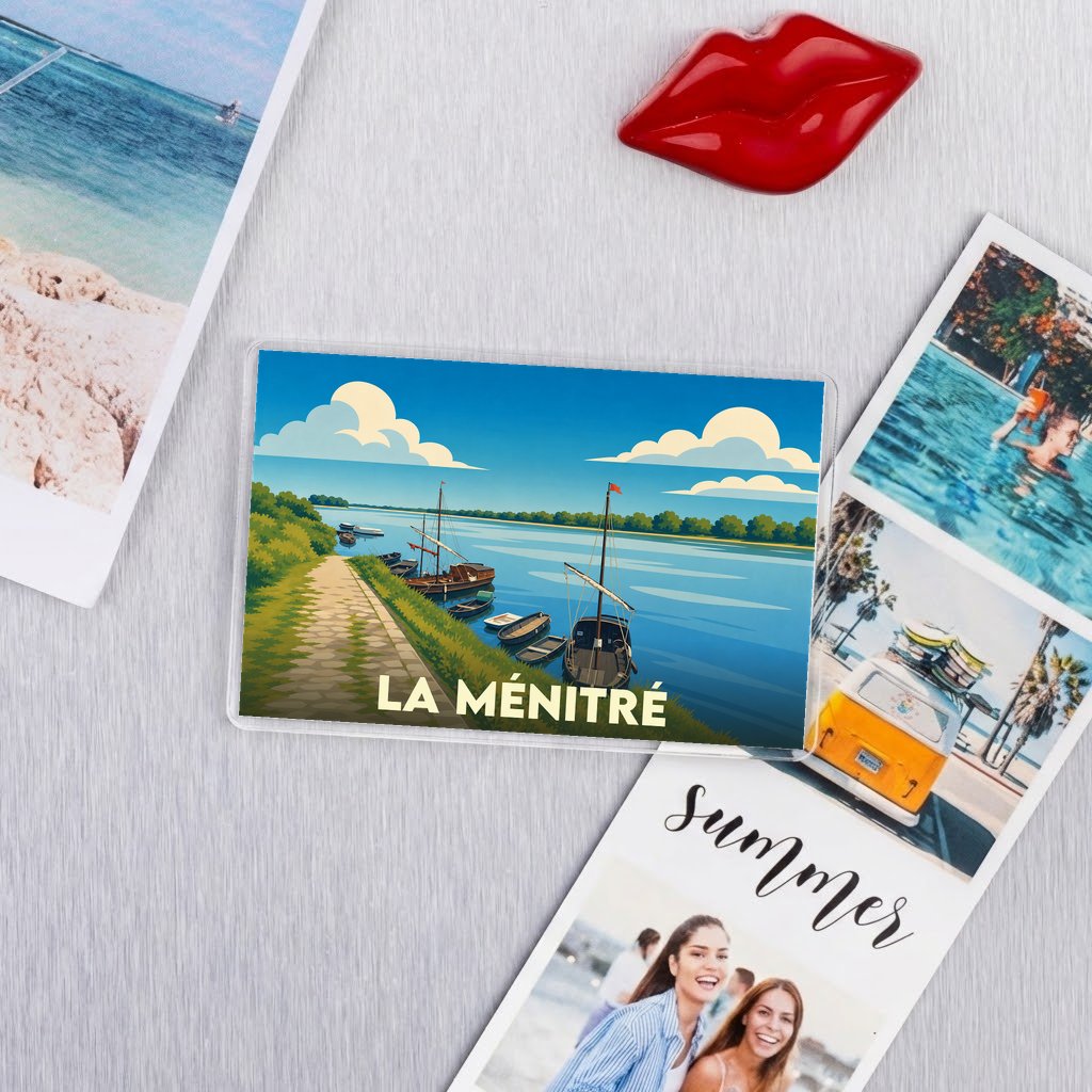 Magnet souvenir de la ville de La Ménitré avec une illustration stylisée des bords de Loire.