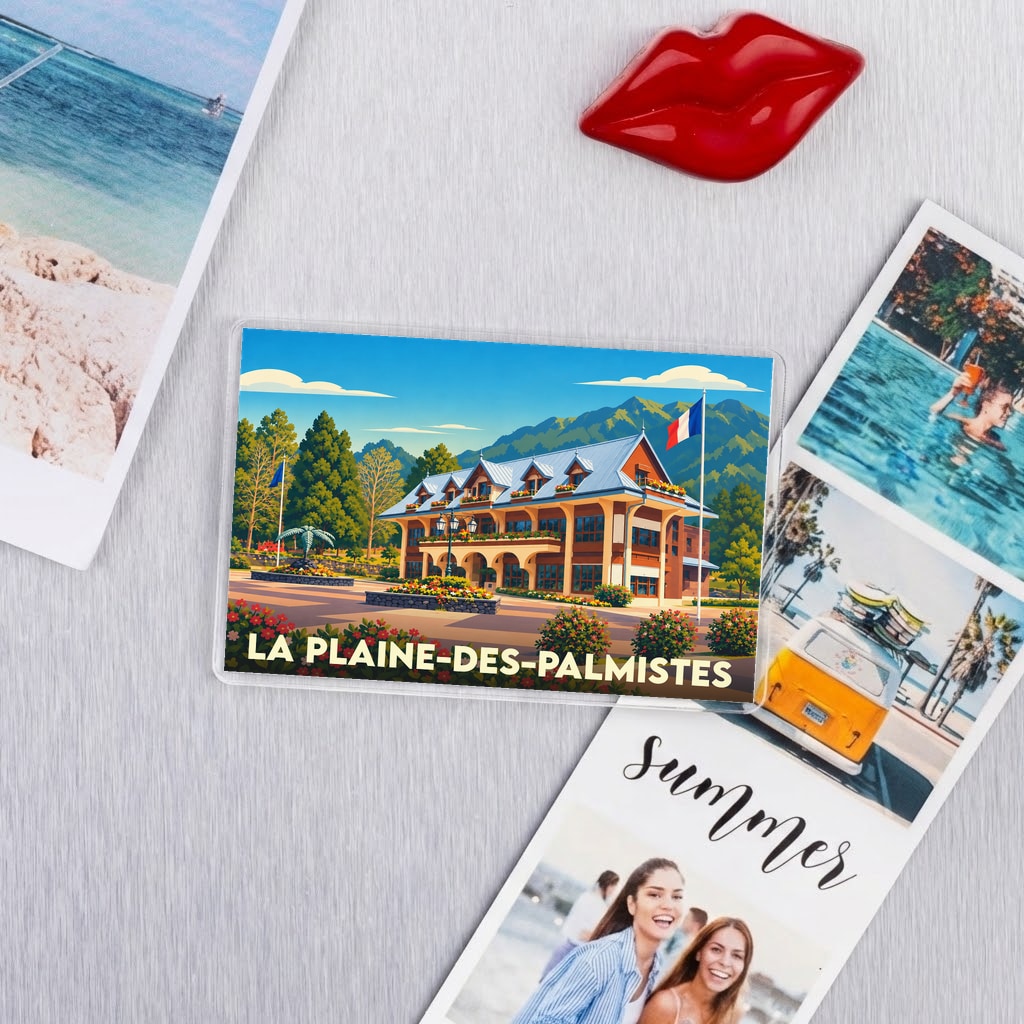 Magnet souvenir de la ville de La Plaine-des-Palmistes avec une illustration stylisée de son architecture typique.