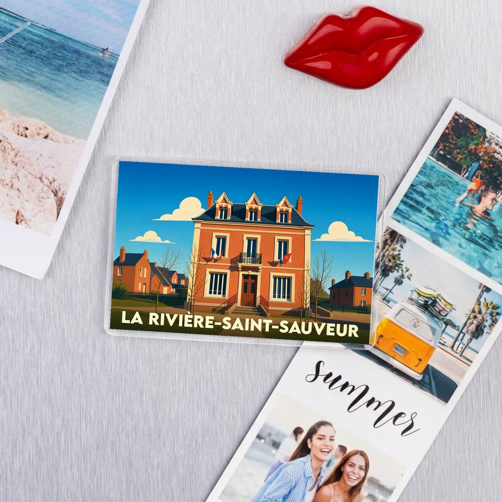 Magnet souvenir de la ville de La Rivière-Saint-Sauveur avec une illustration stylisée.