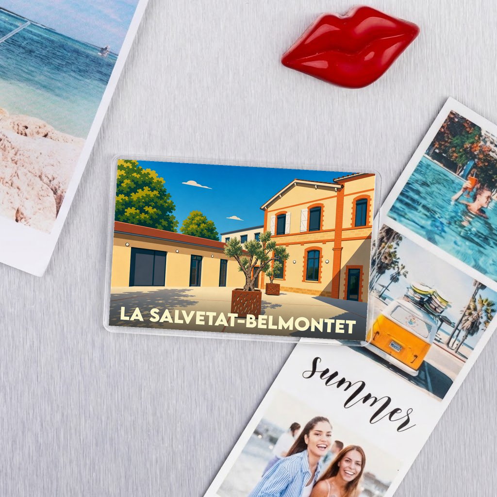 Magnet souvenir de la ville de La Salvetat-Belmontet avec une illustration stylisée.