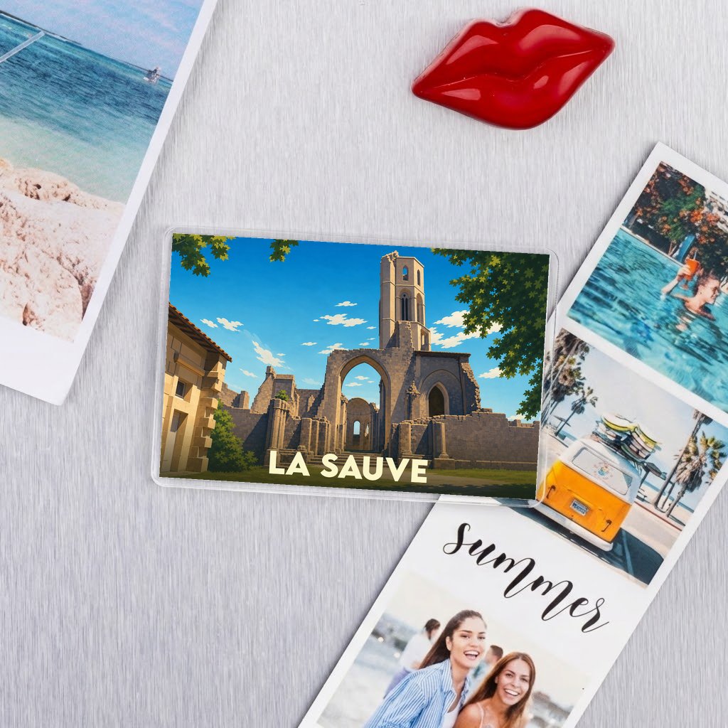 Magnet souvenir de la ville de La Sauve avec une illustration stylisée de son abbaye.