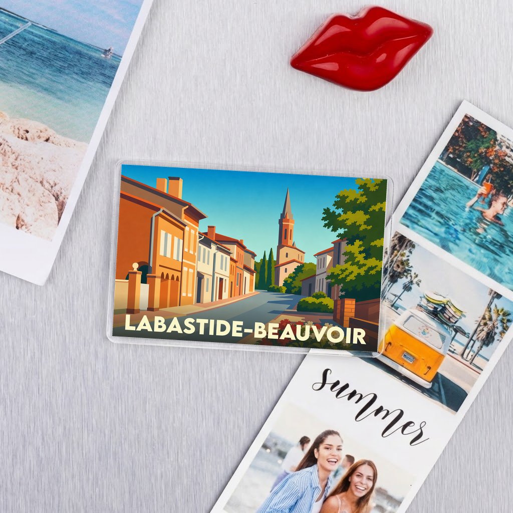 Magnet souvenir de la ville de Labastide-Beauvoir avec une illustration stylisée.