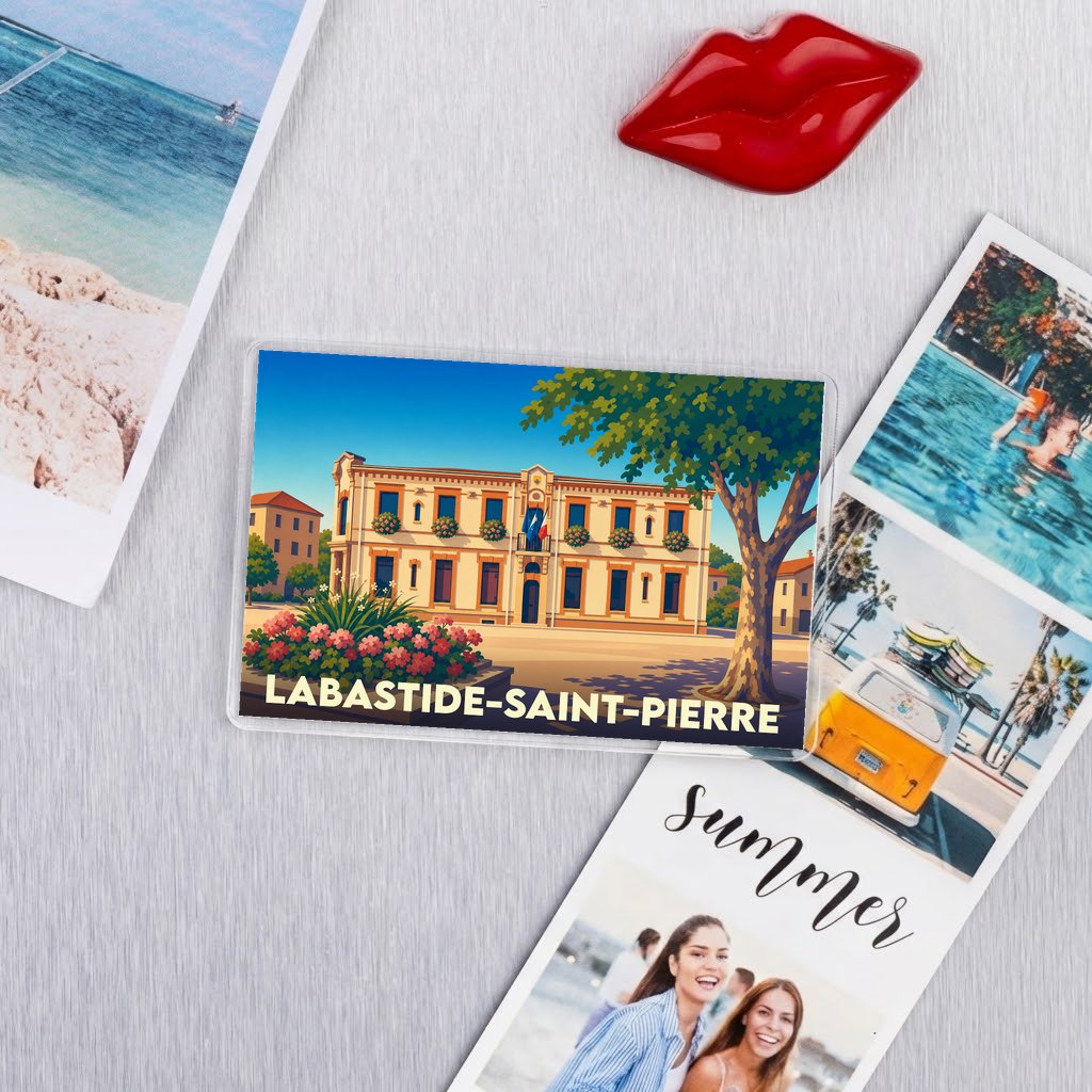Magnet souvenir de la ville de Labastide-Saint-Pierre avec une illustration stylisée de sa mairie.